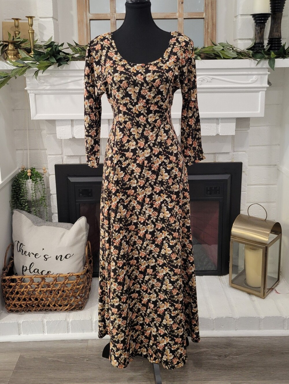 Vintage Whimsigoth 90s Grunge Black Floral  Cottagecore Maxi Dress Size 11/12